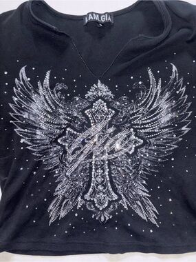 I.AM.GIA Black Kids' Short Sleeve Tee with Rhinestone Winged Cross Graphic